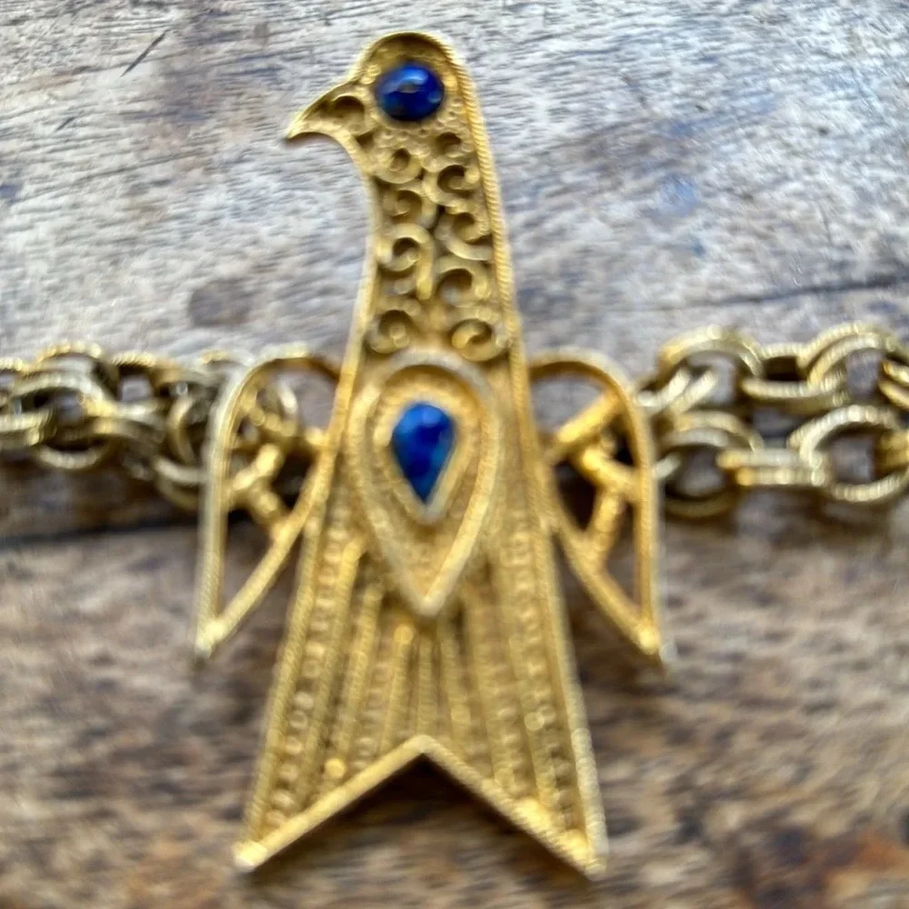 Vintage Art Deco Thunderbird Chain Belt Necklace Gold Tone Blue Cabochon Boho